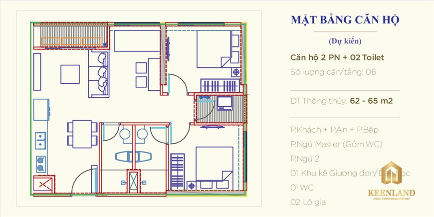 Thiết kế căn hộ 2PN-2WC phân khu The Rainbow