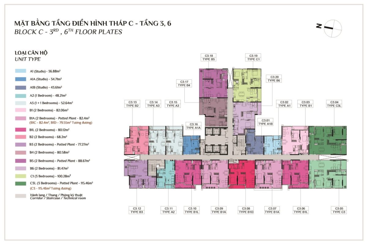 Mặt bằng tầng điển hình tháp c elysian tầng 3, 6
