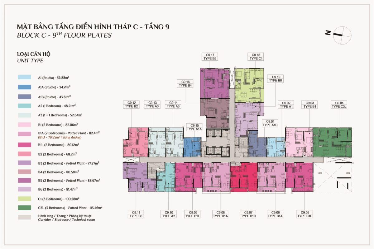 Mặt bằng tầng điển hình tháp c elysian tầng 9