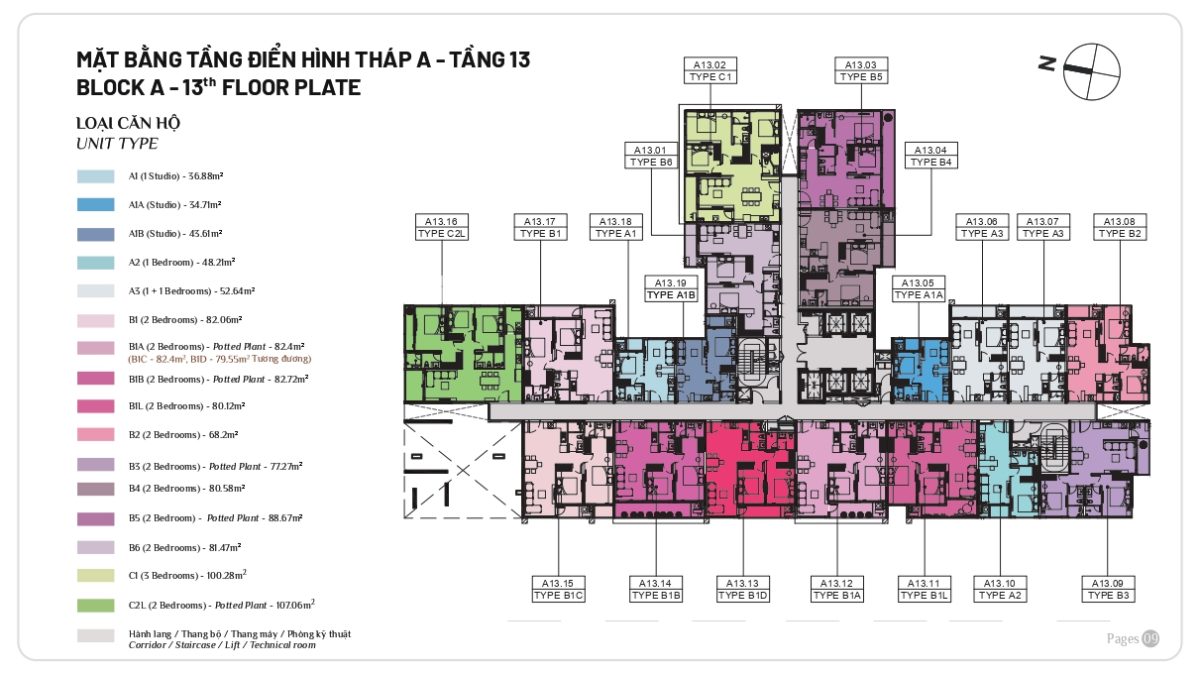 Mặt bằng căn hộ Elysian tầng 13 của Block A