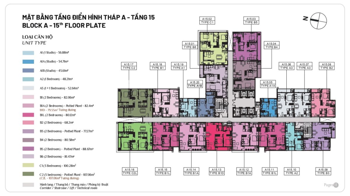 Mặt bằng căn hộ Elysian tầng 15 của Block A