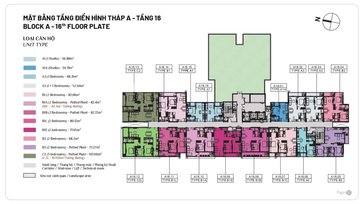 Mặt bằng căn hộ Elysian tầng 16 của Block A