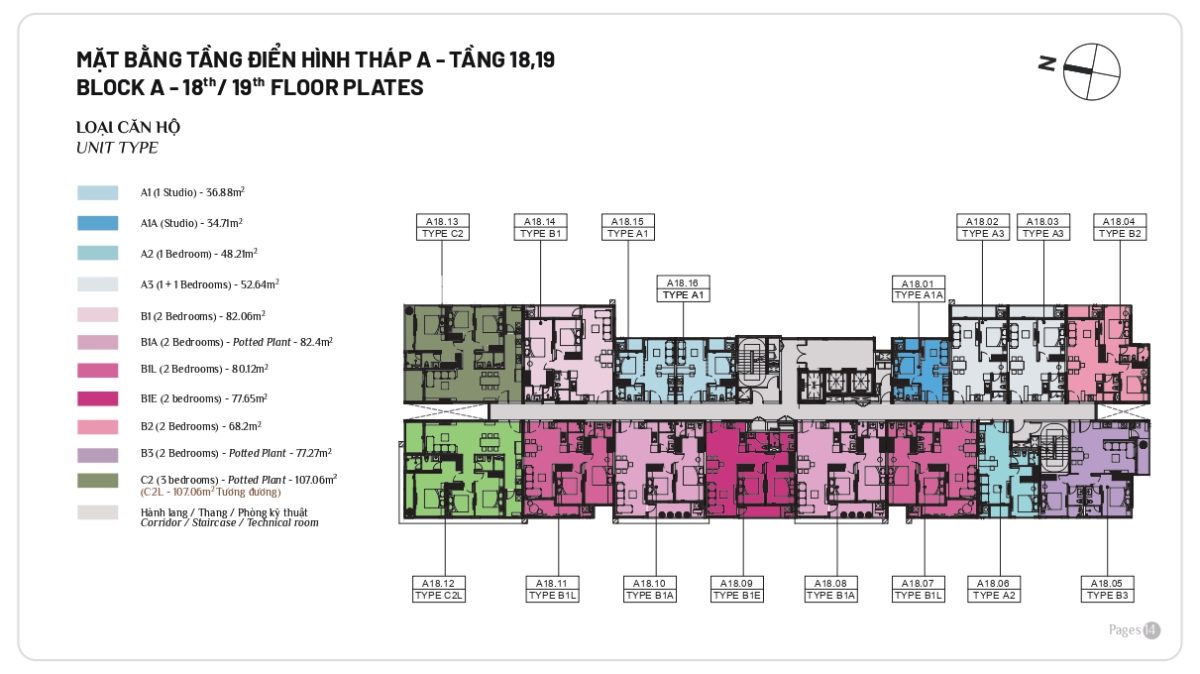 Mặt bằng căn hộ Elysian tầng 18,19 của Block A