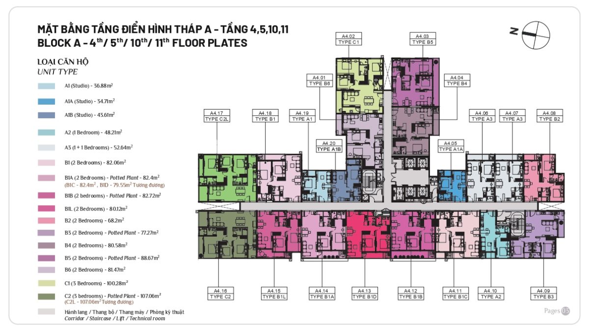 Mặt bằng căn hộ Elysian tầng 4,5,10,11 của Block A