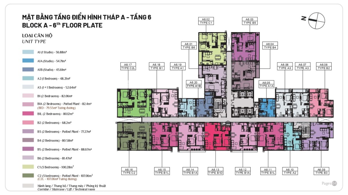 Mặt bằng căn hộ Elysian tầng 6 của Block A