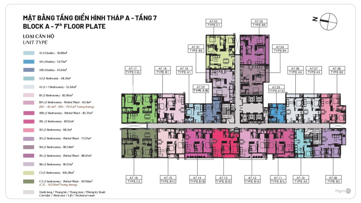 Mặt bằng căn hộ Elysian tầng 7 của Block A