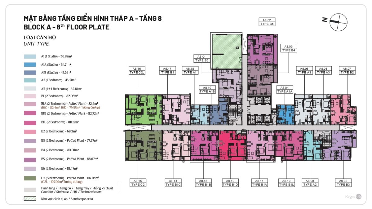 Mặt bằng căn hộ Elysian tầng 8 của Block A